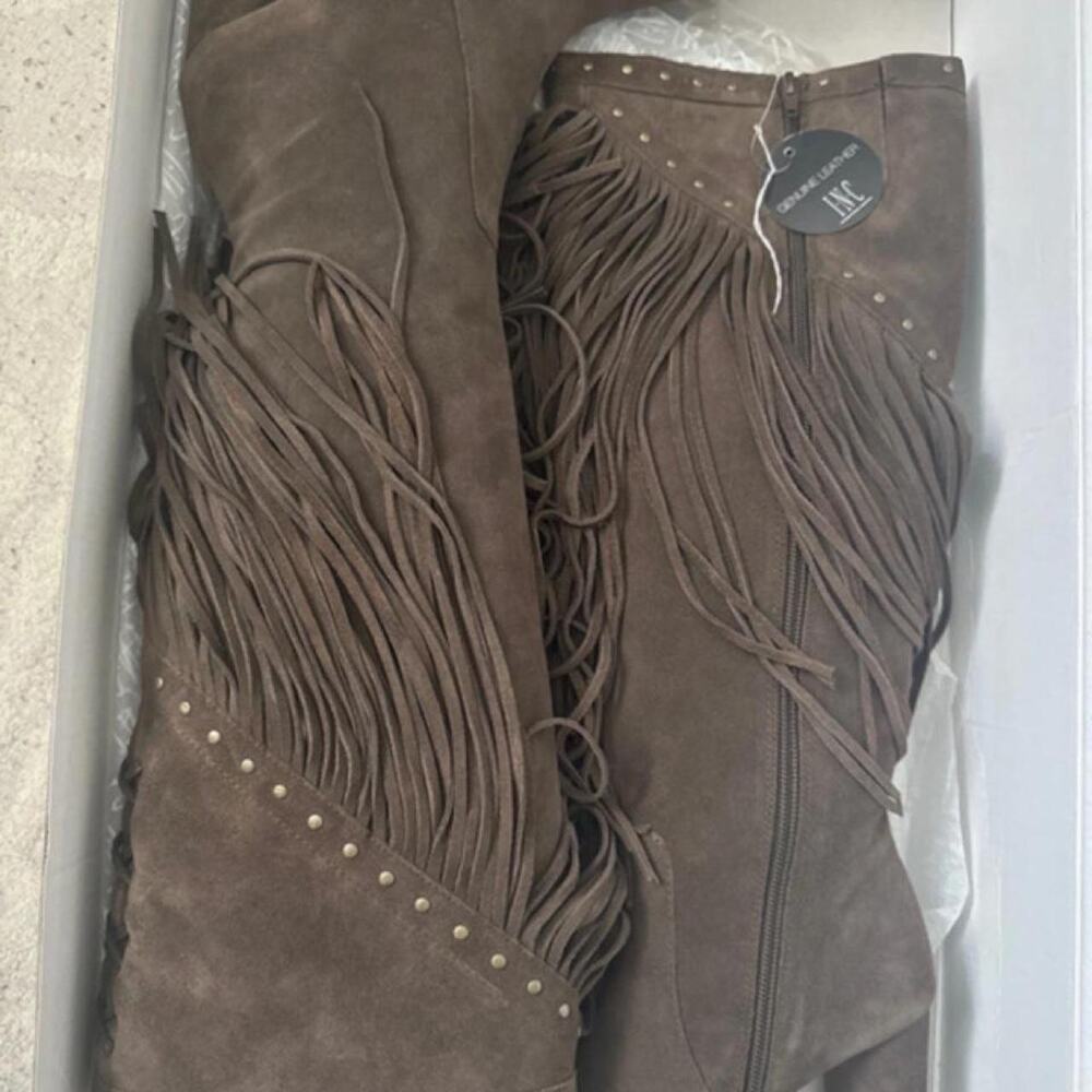 INC Brown suede fringe knee high